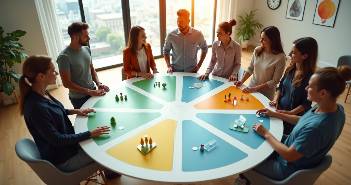 Equipo diverso organizando iconos de incentivos en un tablero circular 
