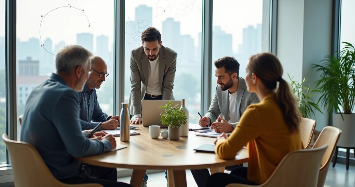 Equipo diverso reunido en oficina luminosa colaborando alrededor de una mesa redonda 