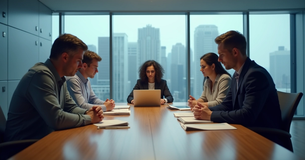 Un grupo de personas en una sala de reuniones, todos mirando hacia abajo, con expresiones tensas o neutrales, mostrando distanciamiento y desconexión emocional. 