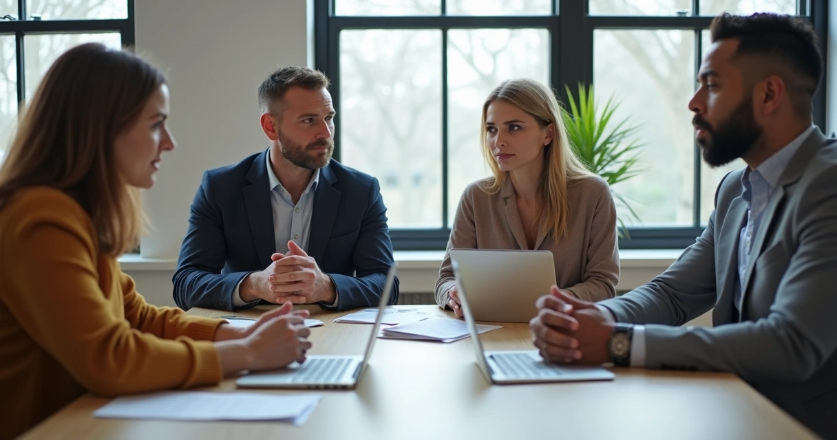 Grupo de personas sentadas debatiendo decisiones en oficina moderna 