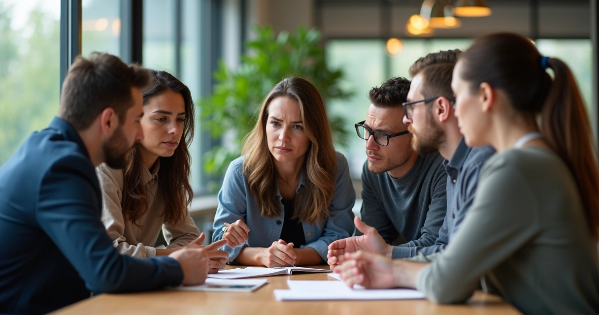 Grupo de personas de oficina debatiendo con seriedad alrededor de una mesa 