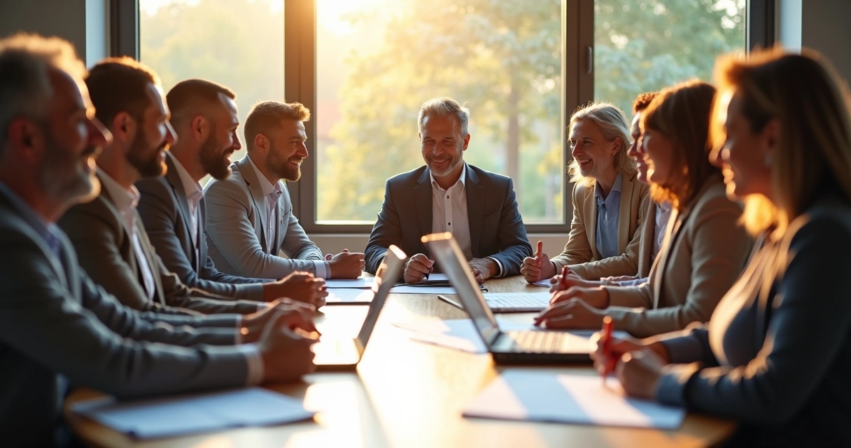 Grupo de personas colaborando en una mesa de trabajo, centrados y compartiendo ideas