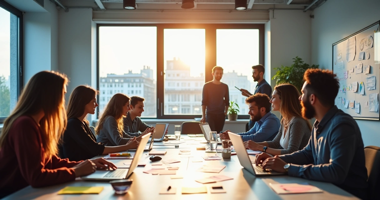 Equipo de trabajo compartiendo ideas en una mesa de oficina 