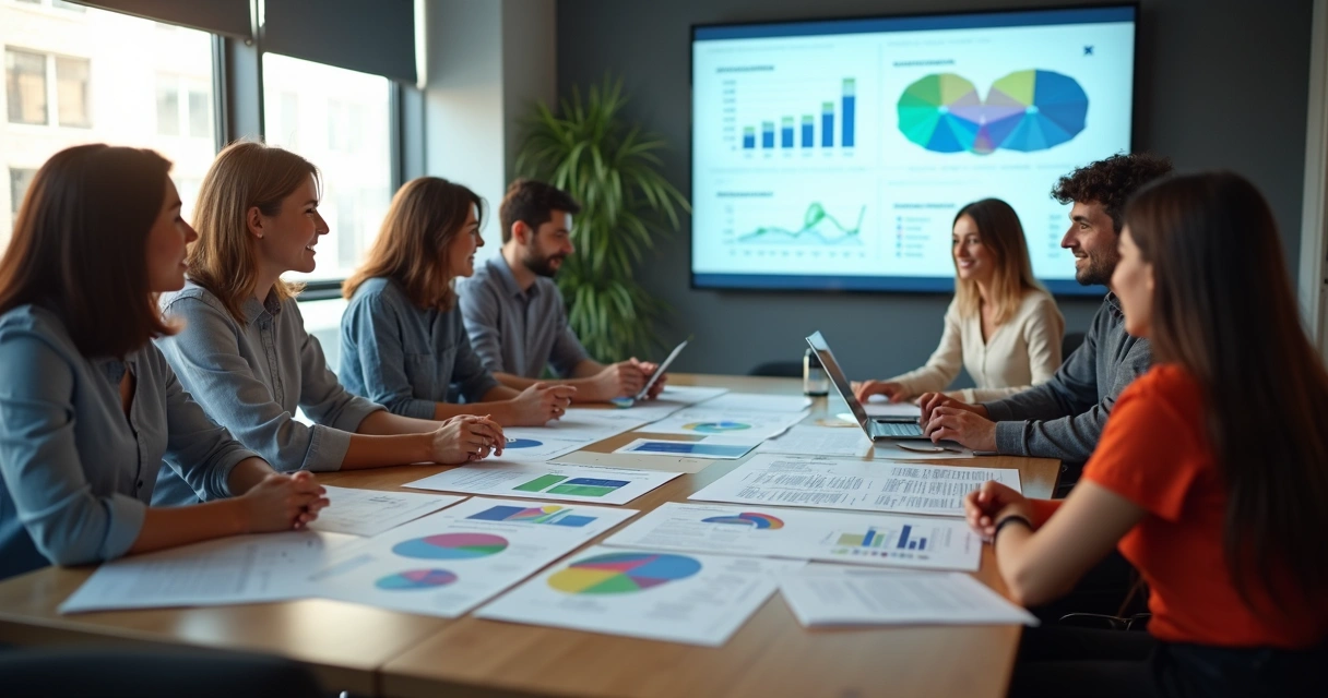 Personas colaborando en una sala de reuniones con gráficos de impacto humano en la pared 