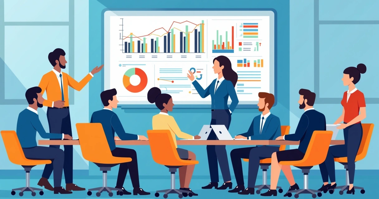 Equipo de oficina feliz revisando movimientos laborales digitalizados 