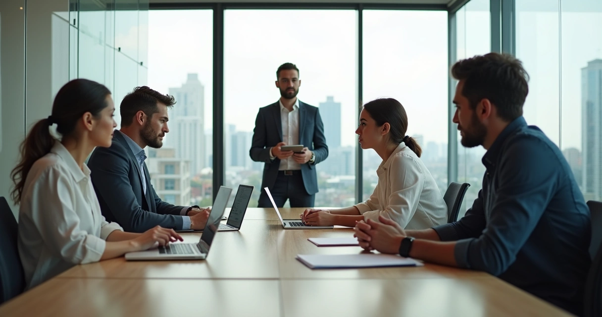 Equipo de trabajo en oficina con dos personas susurrando aparte mientras el resto parece excluido 