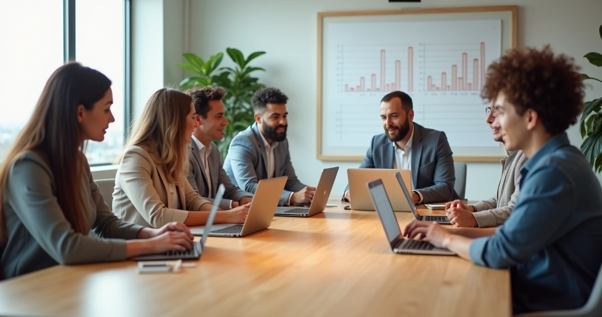 Equipo de alto rendimiento reunido en una sala luminosa con ambiente sereno 
