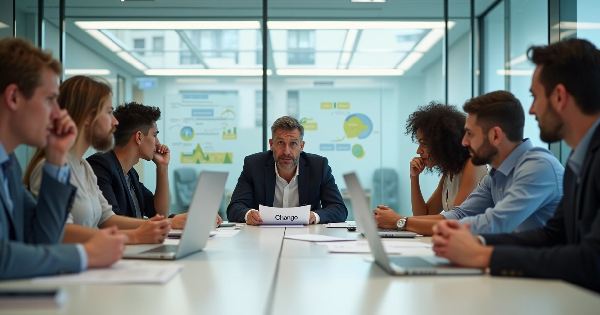 Grupo de empleados en una oficina moderna mostrando ansiedad y sorpresa 