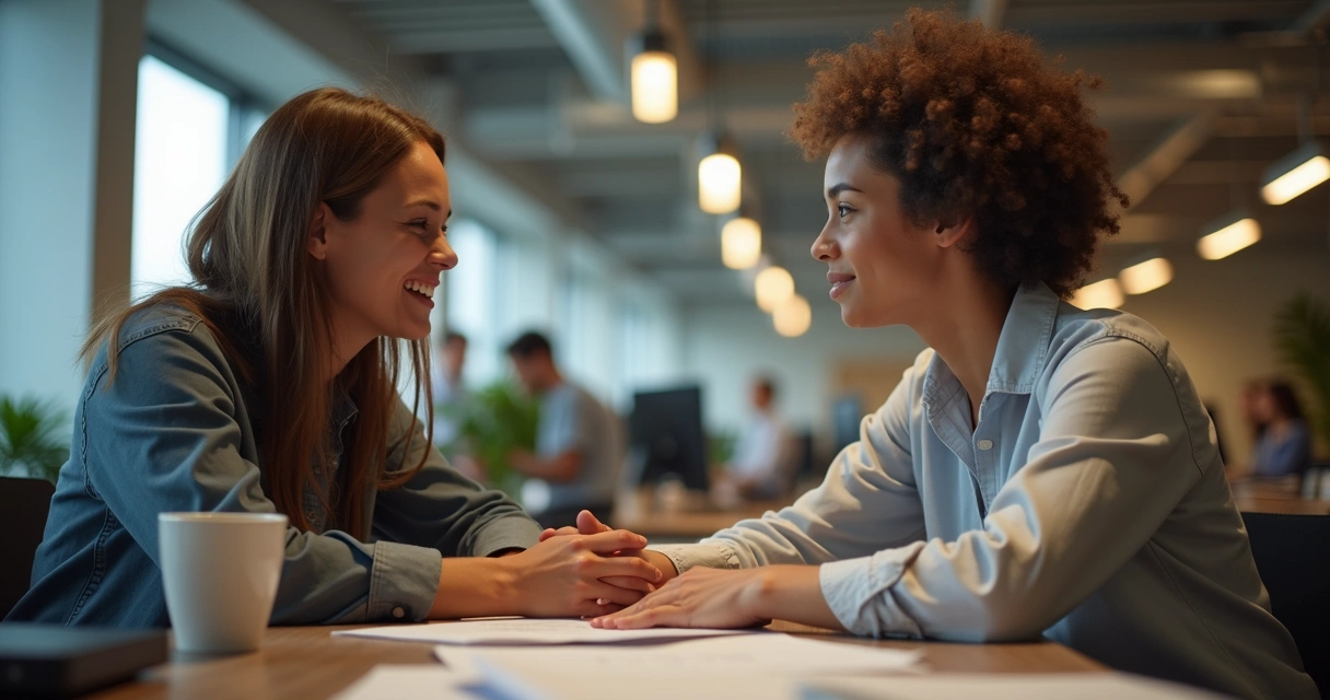 Compañero de equipo animando a otro en un escritorio de oficina 