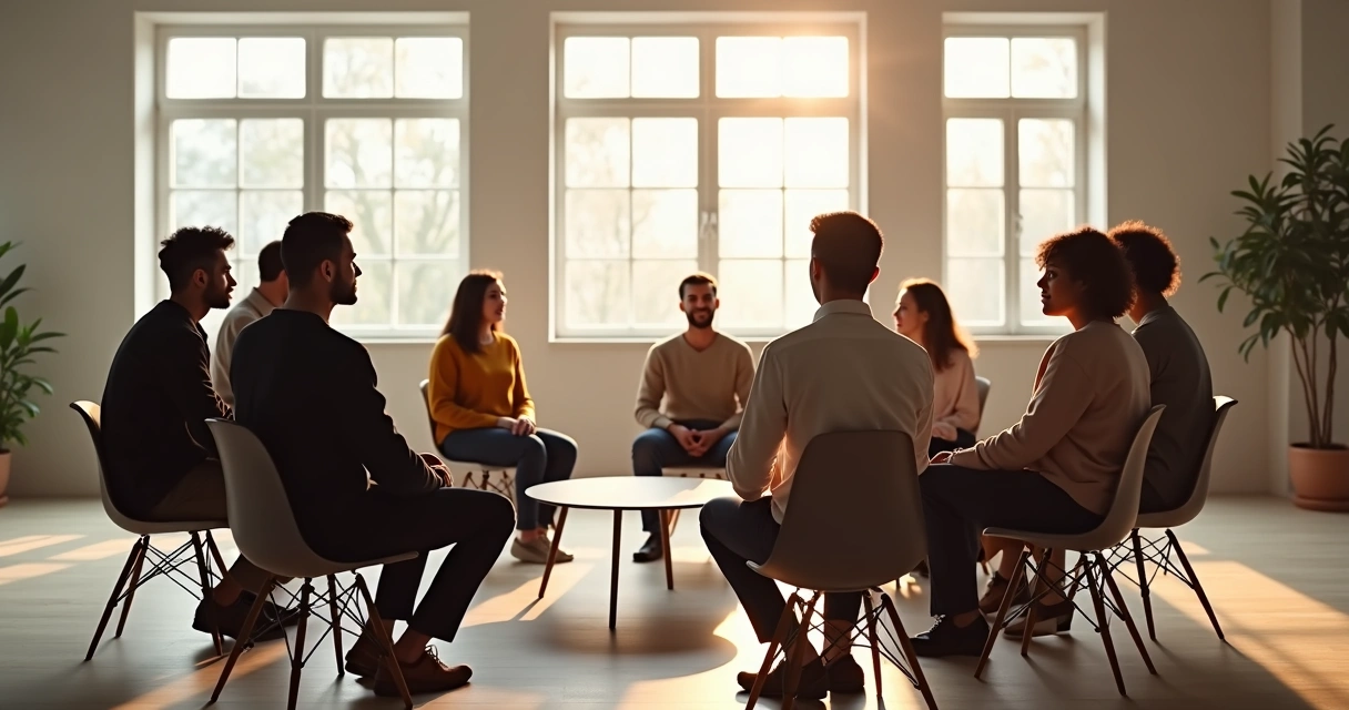 Equipo de trabajo sentado en círculo, ambiente armónico y tranquilo 