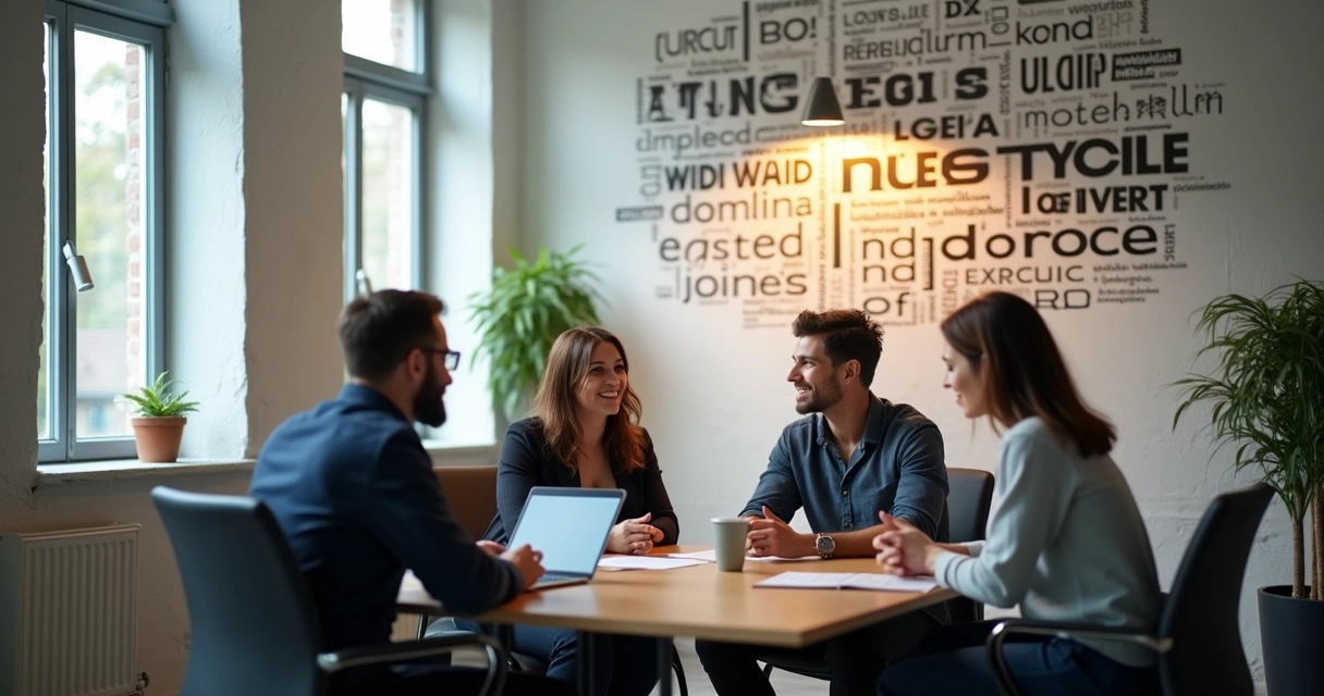 Equipo de trabajo tratando temas éticos con armonía en una oficina luminosa. 