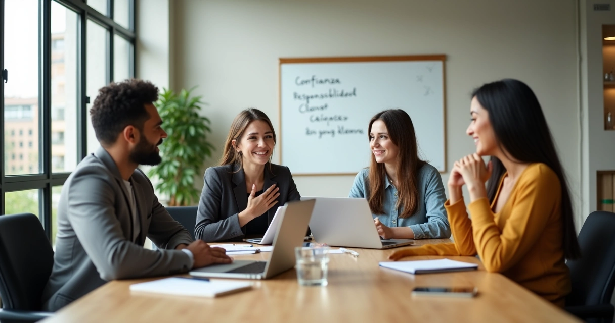 Equipo de trabajo en oficina moderna con ambiente sereno y reflexivo 