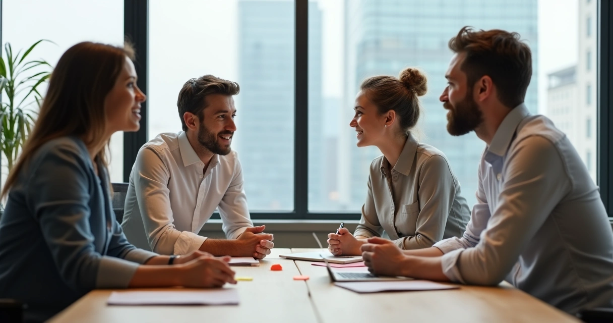 Equipo de trabajo diverso reunido en una mesa mostrando autonomía emocional y colaboración consciente 