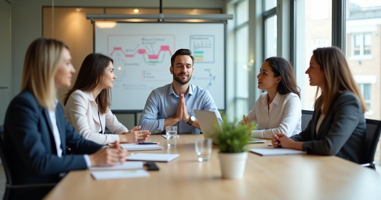 Equipo de trabajo en oficina practicando autorregulación y diálogo sereno 