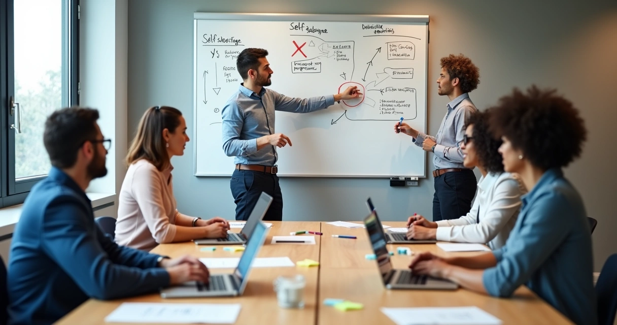 Equipo de trabajo en reunión analizando obstáculos y colaborando 