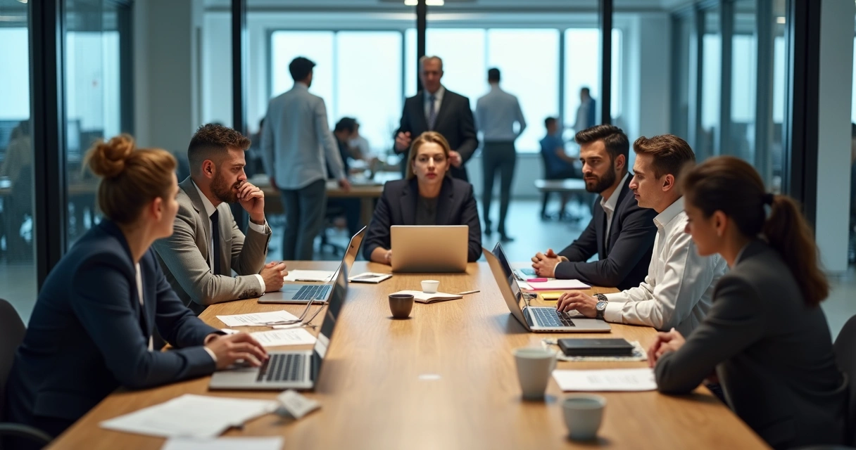 Equipo de trabajo moderno reunido con tensión y bloqueo en una sala de reuniones 