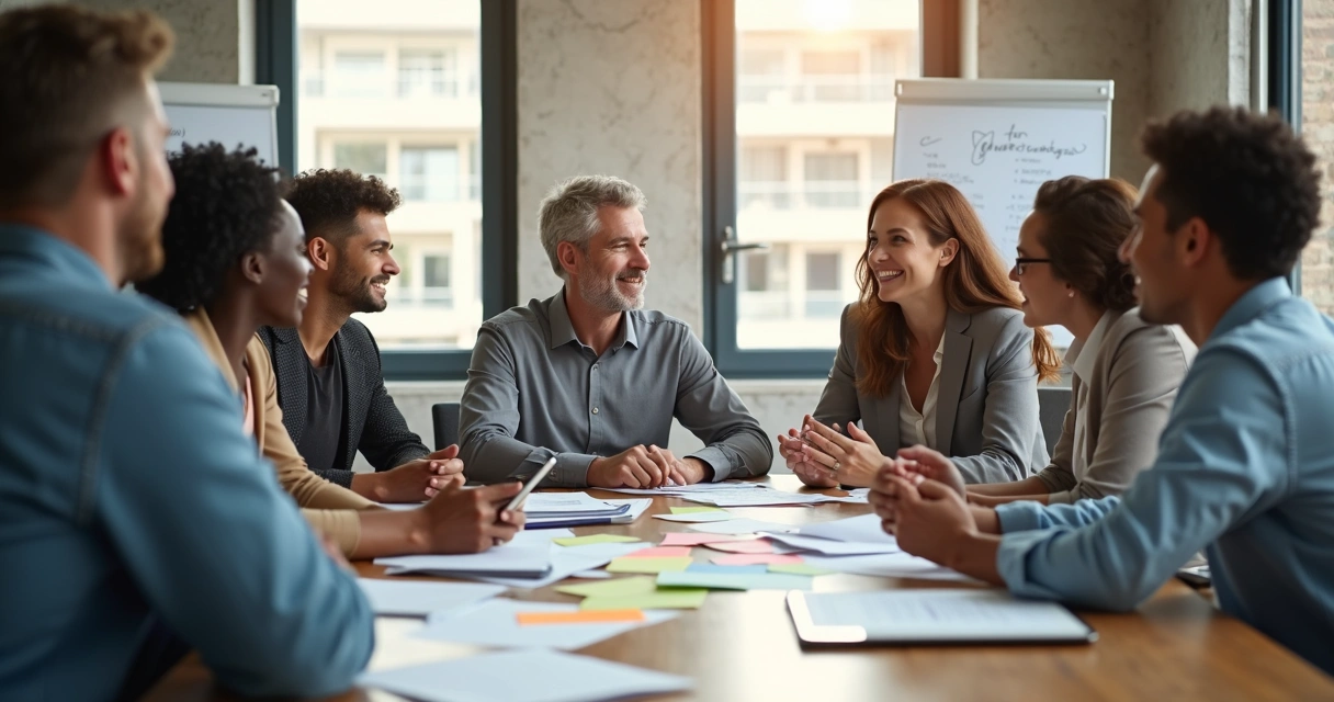 Grupo de empleados en oficina en sesión de intercambio sobre cambio organizacional 