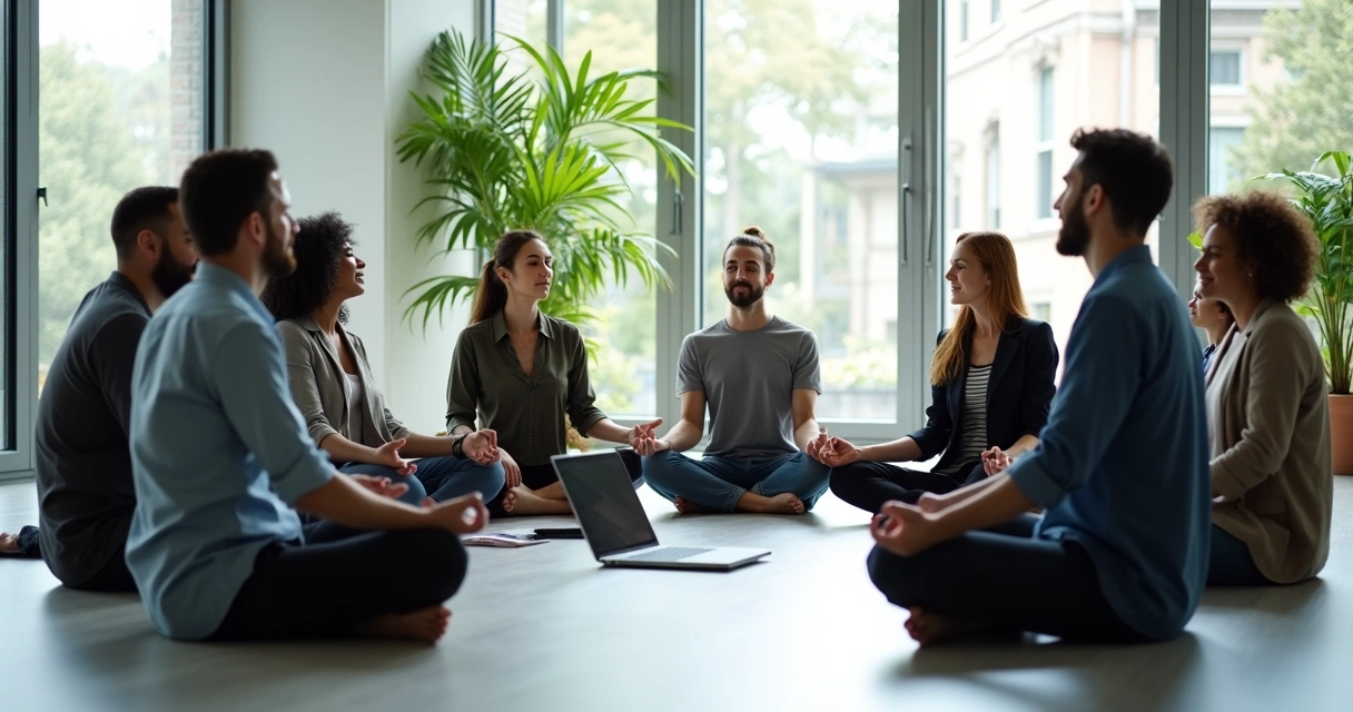 Equipo de trabajo sentado en círculo meditando juntos en una oficina con luz natural 