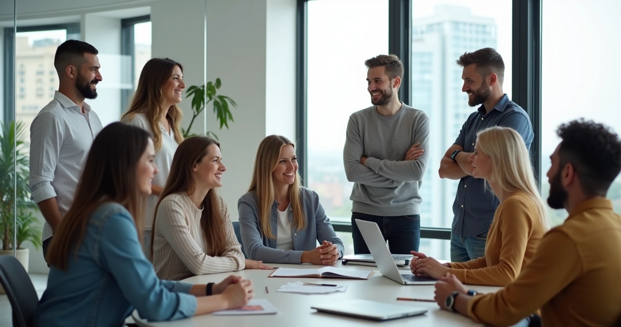 Equipo diverso de trabajo reunido en círculo sonriendo y conversando en una oficina luminosa 
