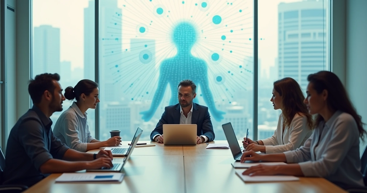 Equipo diverso de trabajo en mesa redonda con hologramas de datos y silueta luminosa de conciencia compartida 