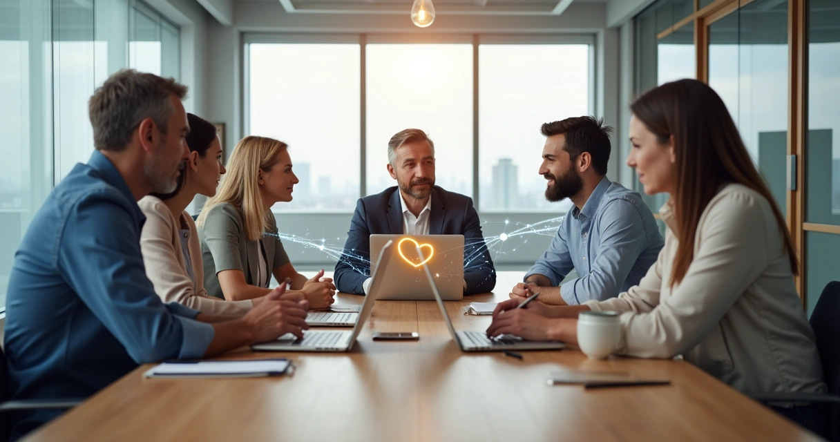 Equipo de trabajo diverso conectado por líneas de luz en una sala moderna 