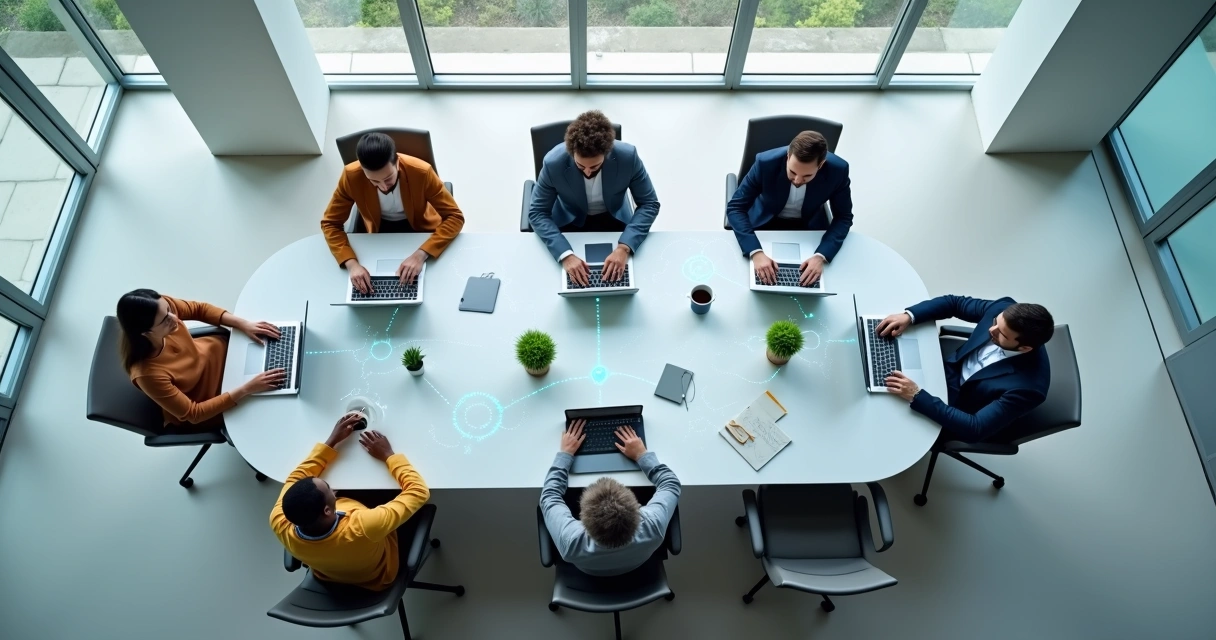 Equipo de trabajo visto desde arriba conectado por líneas que representan dinámicas invisibles 