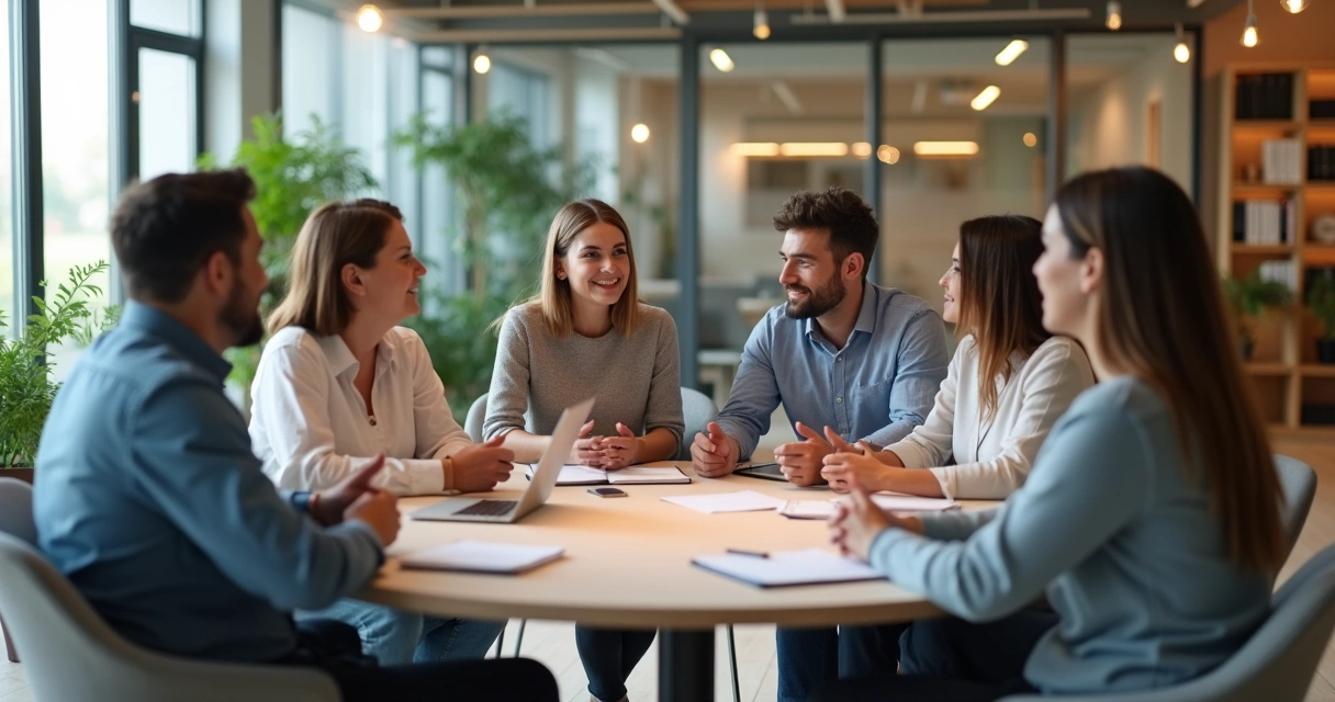Equipo de trabajo diverso conversando en círculo con gesto de confianza y atención 