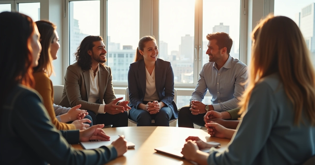 Equipo diverso de trabajo en círculo generando confianza en una reunión colaborativa 