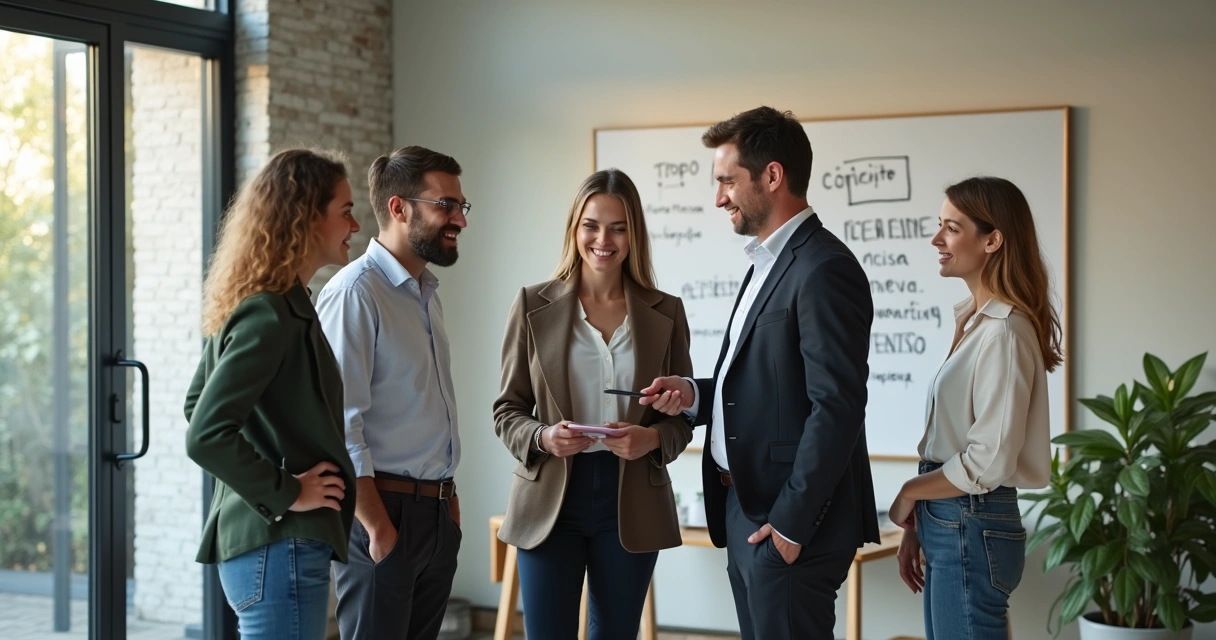Colaboradores en círculo hablando en un espacio de trabajo moderno 