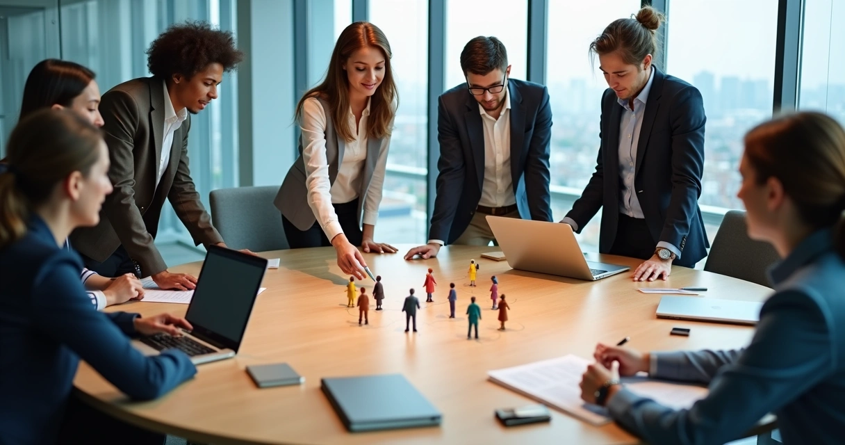 Personas en oficina vistas desde arriba formando círculo con figuras en el centro 