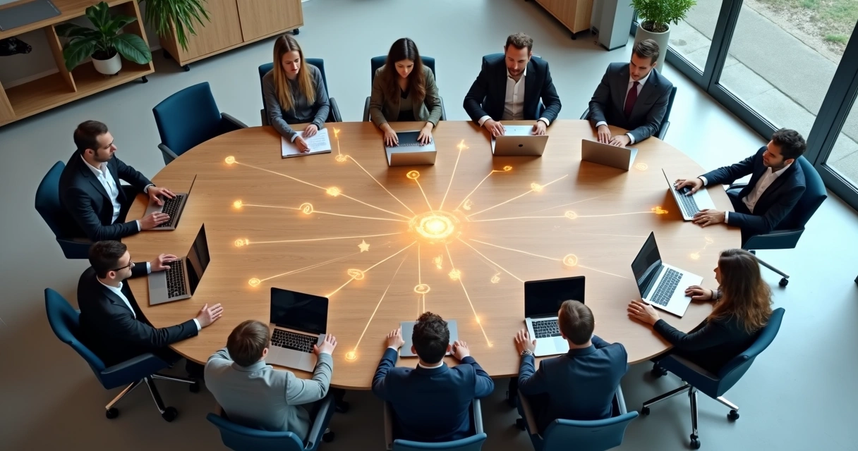 Equipo de trabajo en círculo visto desde arriba con conexiones luminosas entre ellos 