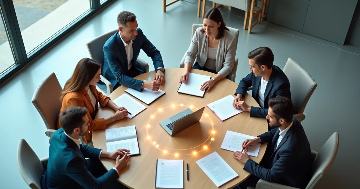 Personas en oficina vistas desde arriba formando un círculo conectado por líneas sutiles 