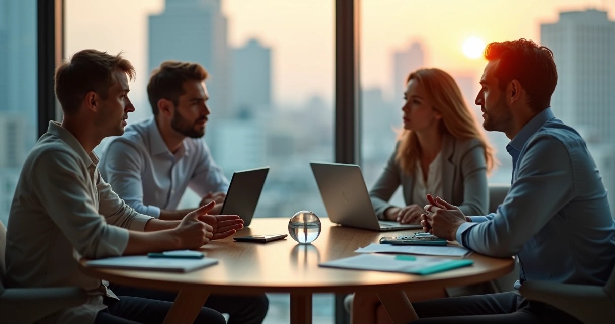 Grupo de trabajo en oficina moderna conversando con calma alrededor de una mesa redonda 