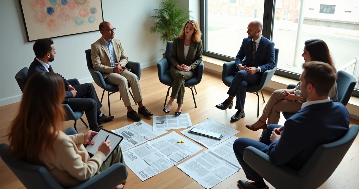 Equipo de trabajo rodeado de diarios y cuadernos compartiendo responsabilidades en círculo 