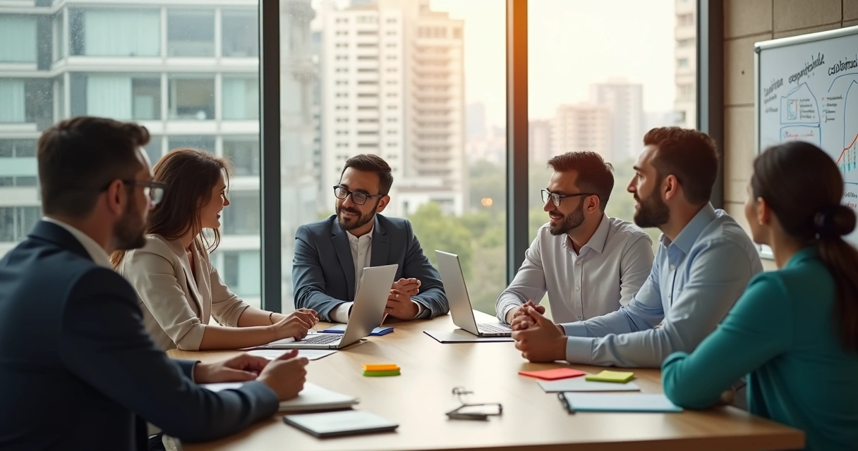 Equipo diverso en reunión colaborativa en oficina moderna iluminada 