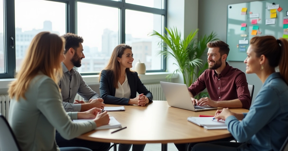 Equipo diverso conversando en una sala de reuniones moderna 