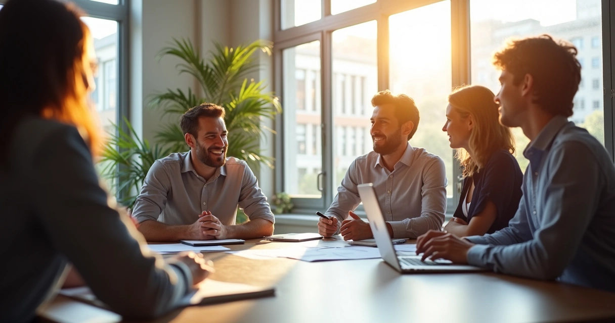 Equipo reunido tomando decisiones en entorno profesional 