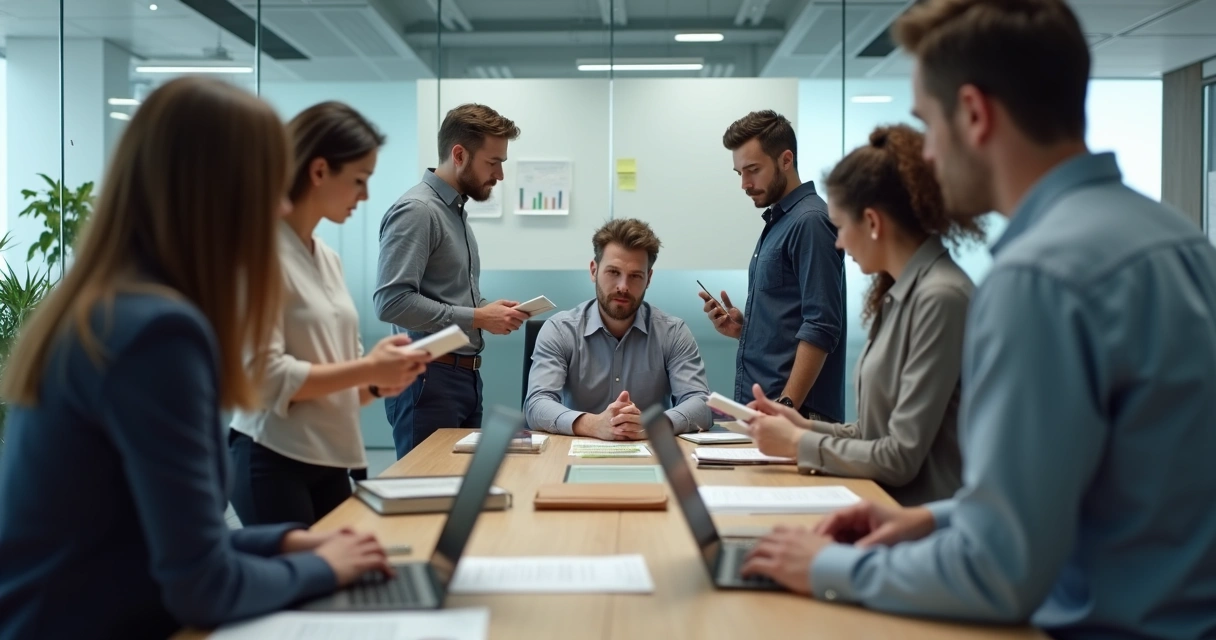 Equipo de trabajo en oficina moderna mostrando dependencia del líder 