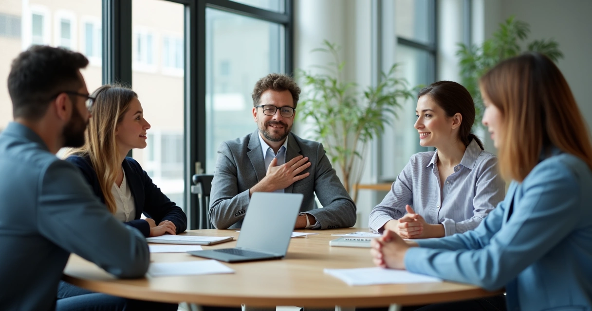 Equipo de trabajo dialogando en una mesa redonda 