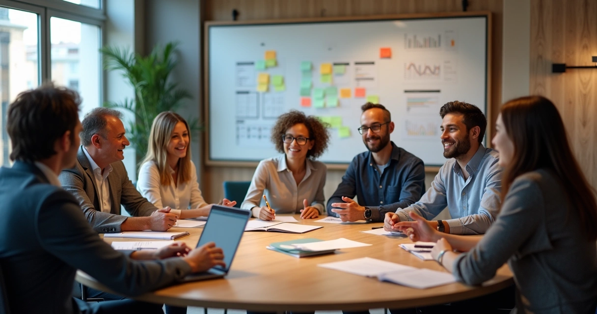 Grupo de personas en oficina hablando abiertamente en mesa redonda