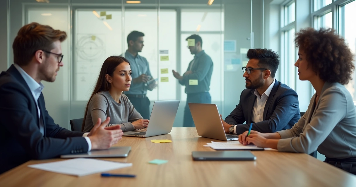 Equipo de trabajo en oficina moderna con un miembro desenfocado al fondo simbolizando dinámicas inconscientes 