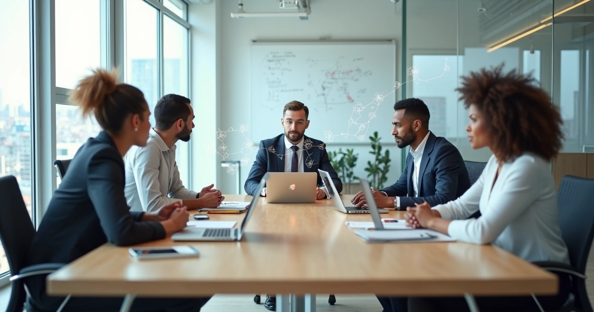 Equipo de trabajo en oficina moderna con conexiones invisibles entre personas 