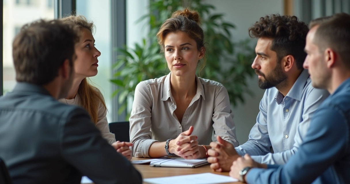 Personas en oficina sentadas dialogando en círculo 