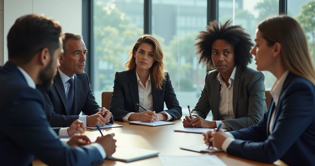Grupo de personas en una sala de reuniones discutiendo alrededor de una mesa 