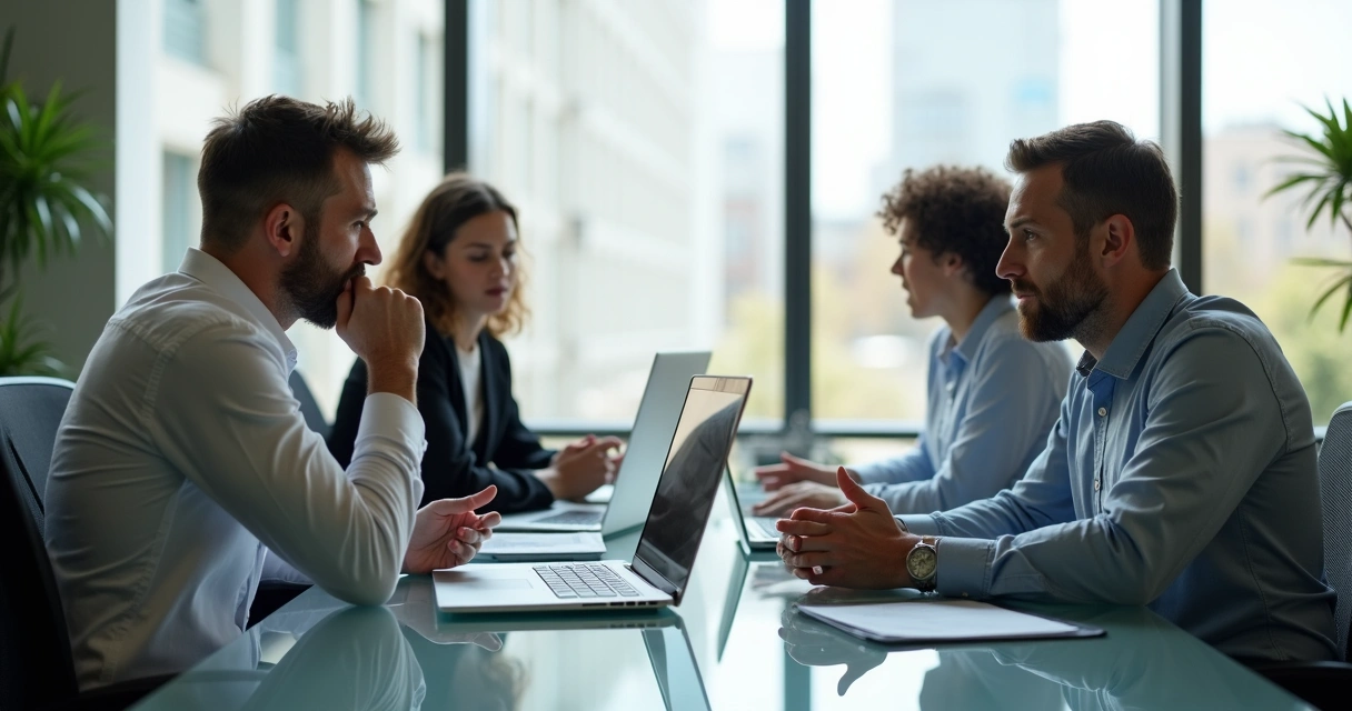 Personas discutiendo en una oficina moderna