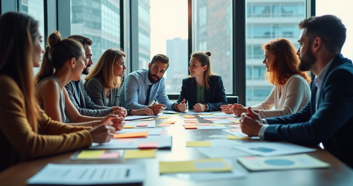 Equipo diverso en una reunión organizacional 