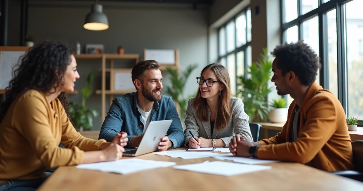 Cuatro personas de diferentes perfiles comparten ideas en una oficina 