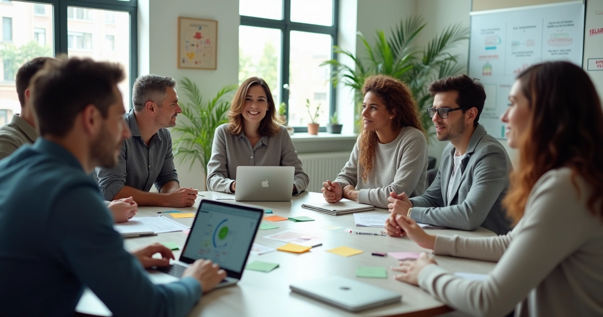 Equipo de trabajo diverso colaborando en una mesa redonda moderna 