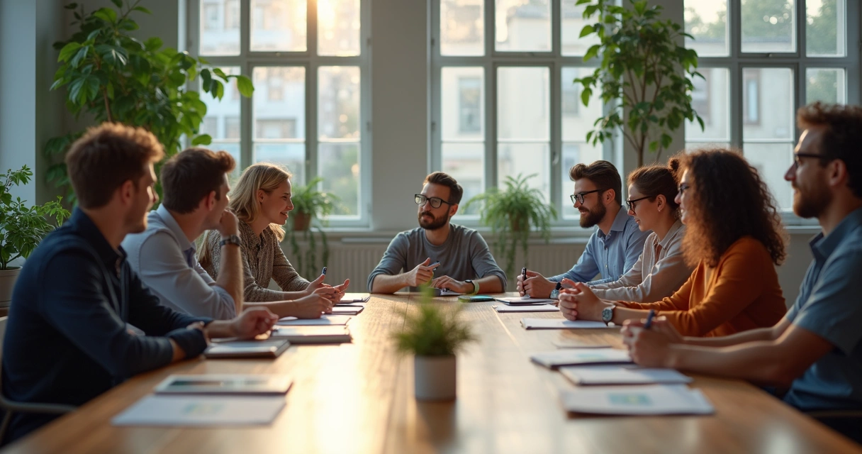 Personas de diversas edades y estilos sentadas alrededor de una mesa, conversando y compartiendo ideas 