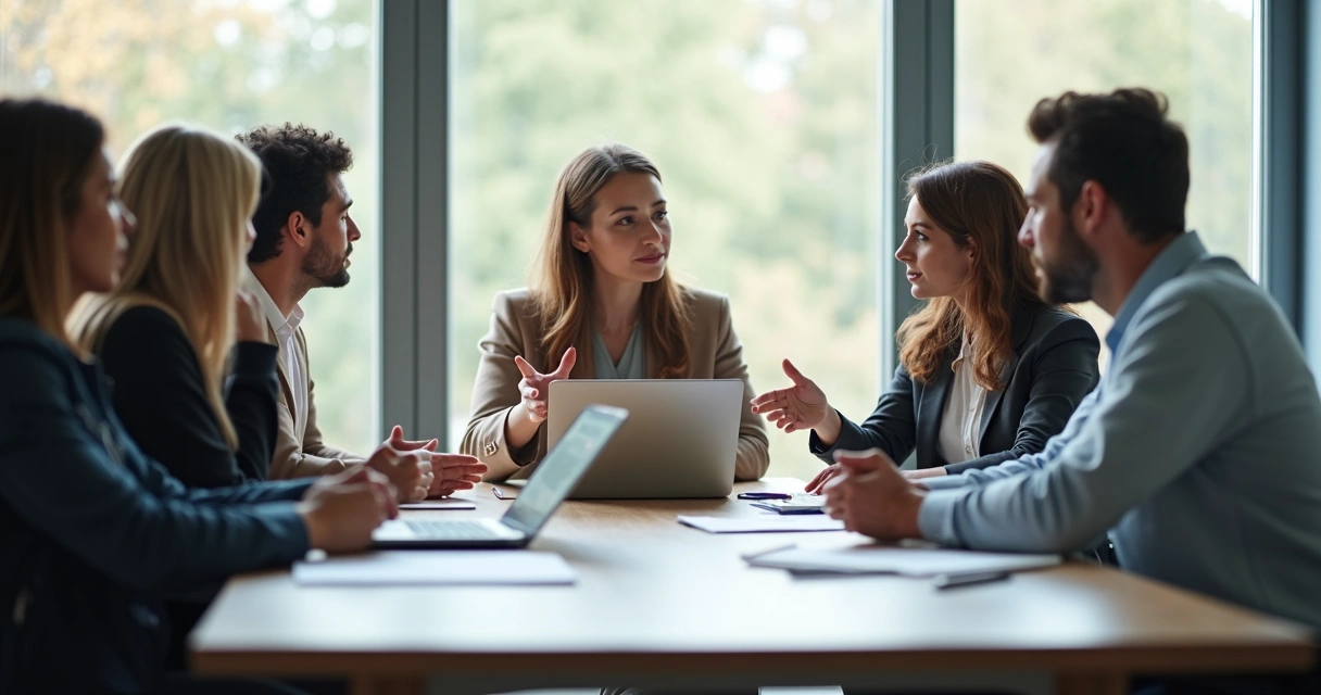 Personas sentadas alrededor de una mesa, discutiendo en grupo en una oficina moderna 